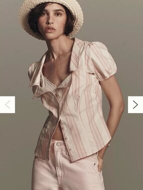 Anthropologie Pink and White Striped Puff-Sleeve Button Front Blouse